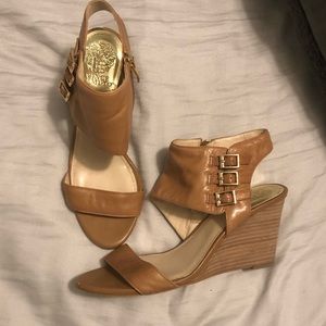 Camel colored leather wedges with ankle strap
